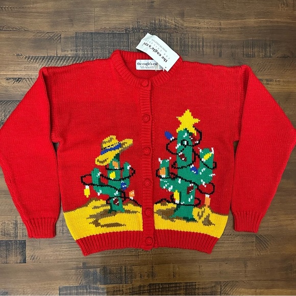 Vtg Eagle's Eye Cardigan Sweater Children's Kids Large (12-14) Christmas Cactus - Picture 1 of 5